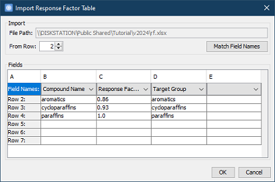 Import Response Factor Table