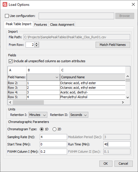 Peak Table Import Options