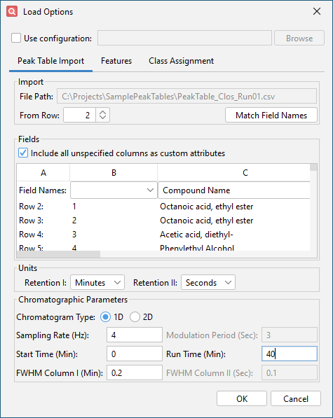 Peak Table Import Options