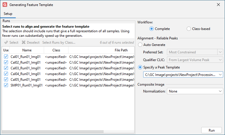 Using a peak template for specifying the alignment reliable peaks